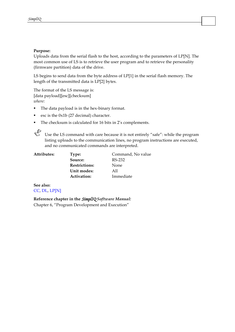 Ls - list user program, Simpliq | ElmoMC SimplIQ Command Reference User Manual | Page 99 / 188
