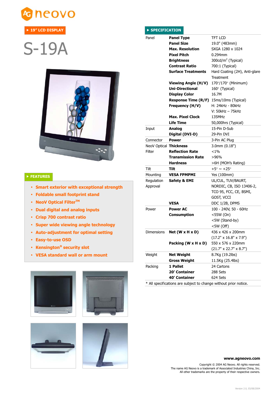 AG Neovo S-19A User Manual | 1 page