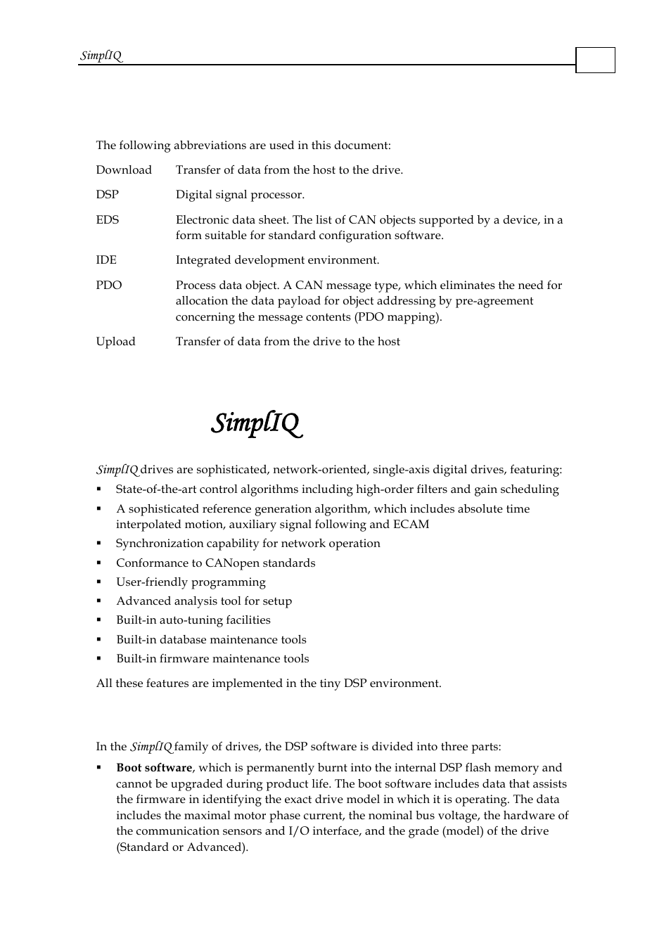 2 abbreviations, Chapter 2: simpliq drive description, 1 software organization | 2 abbreviations -2, Chapter 2: simpliq drive description -2, 1 software organization -2, Simpliq, Chapter 2, Drive description | ElmoMC SimplIQ Software Manual User Manual | Page 10 / 226