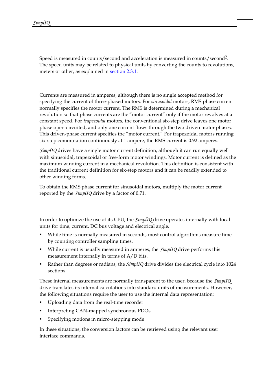2 speed and acceleration, 3 current and torque, 4 internal units of measurement and conversion | Speed and acceleration -4, Current and torque -4, 4 internal units of measurement and conversion -4 | ElmoMC SimplIQ Software Manual User Manual | Page 13 / 226