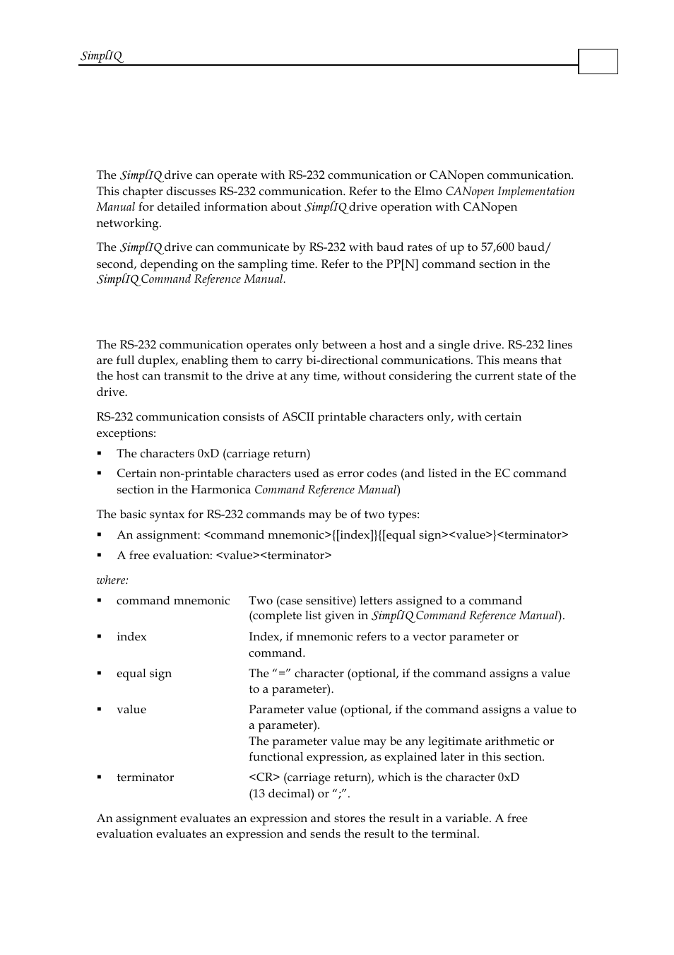 Chapter 3: communication with the host, 1 rs-232 basics, Chapter 3: communication with the host -1 | 1 rs-232 basics -1 | ElmoMC SimplIQ Software Manual User Manual | Page 16 / 226