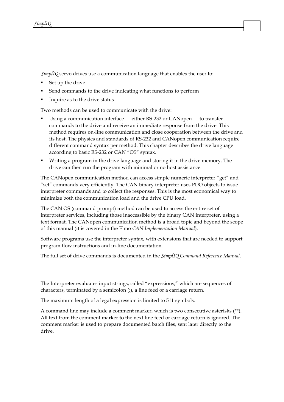 Chapter 4: the interpreter language, 1 the command line, Chapter 4: the interpreter language -1 | 1 the command line -1, Chapter 4 | ElmoMC SimplIQ Software Manual User Manual | Page 19 / 226