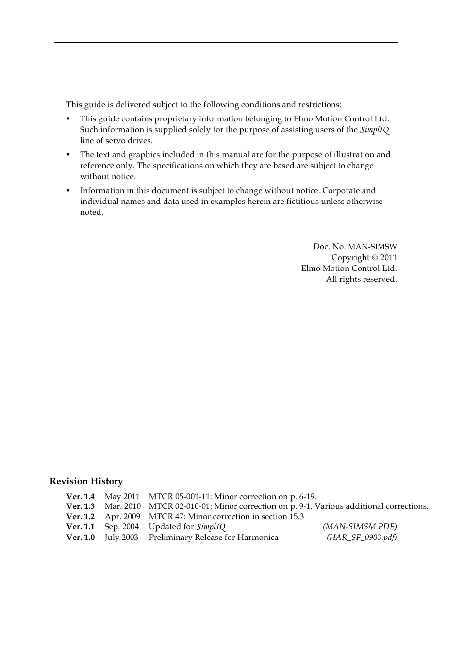 Revision history, Important notice | ElmoMC SimplIQ Software Manual User Manual | Page 2 / 226