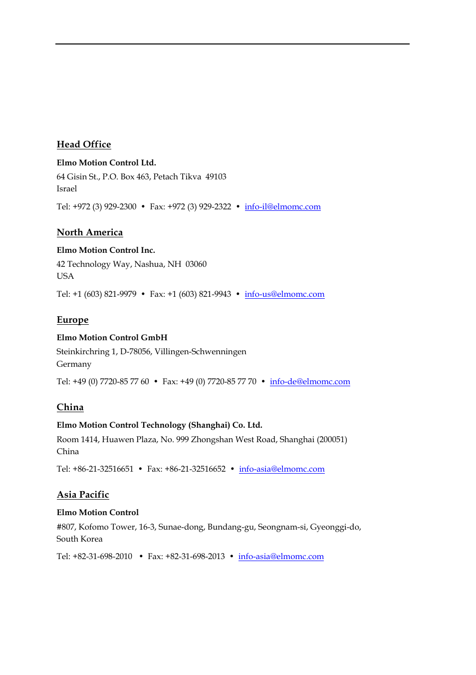 Head office, North america, Europe | China, Asia pacific, Elmo worldwide | ElmoMC SimplIQ Software Manual User Manual | Page 3 / 226