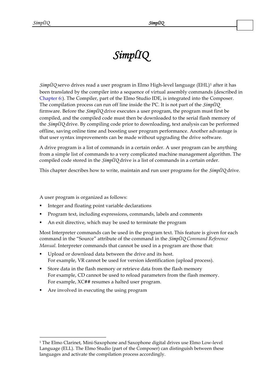 Chapter 5: the simpliq user programming language, 1 user program organization, 1 user program organization -1 | Chapter 5, Simpliq, Chapter 5: the, User programming language | ElmoMC SimplIQ Software Manual User Manual | Page 30 / 226
