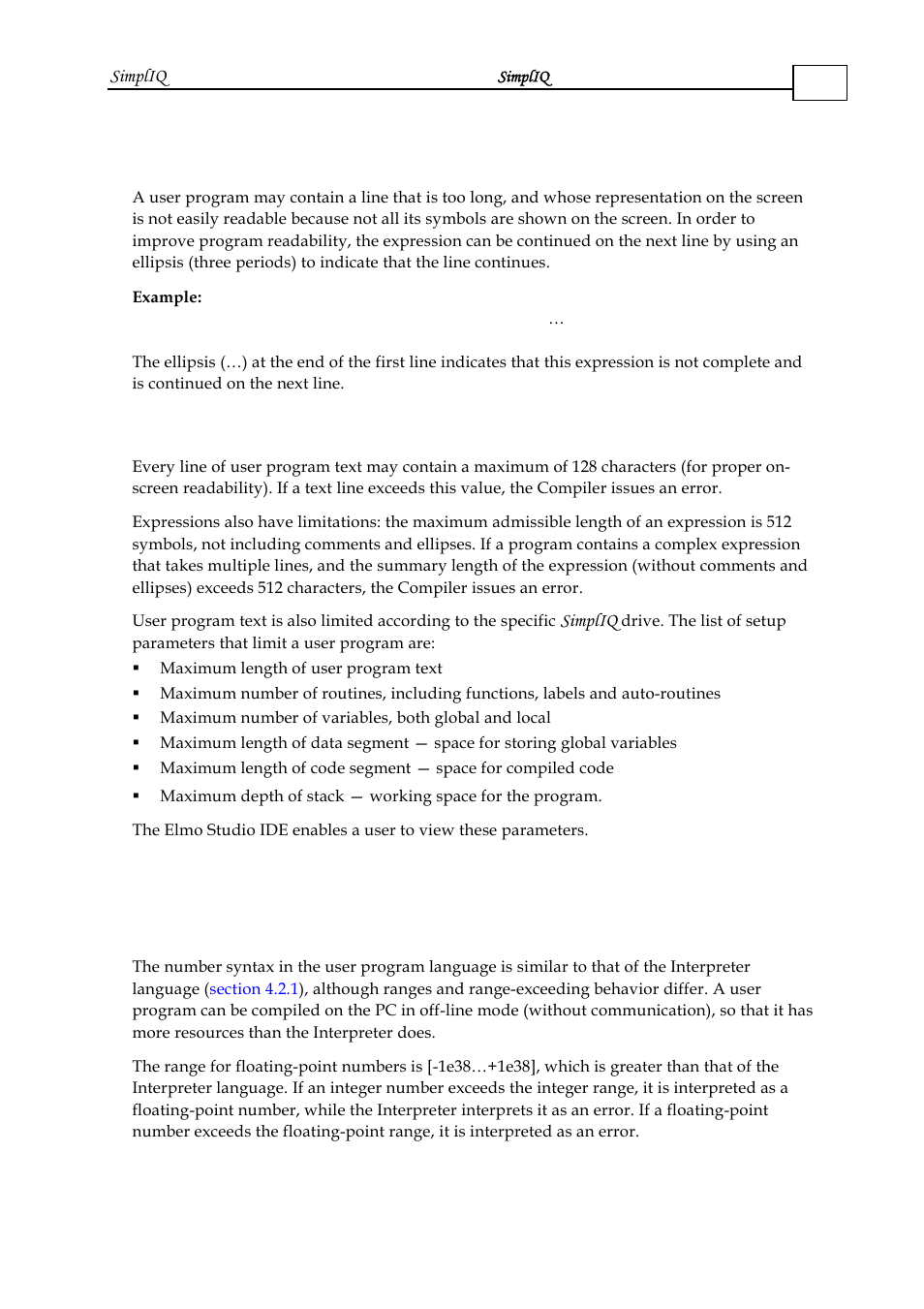 2 line continuation, 3 limitations, 4 expressions and operators | 1 numbers, Line continuation -4, Limitations -4, 4 expressions and operators -4, Numbers -4 | ElmoMC SimplIQ Software Manual User Manual | Page 33 / 226