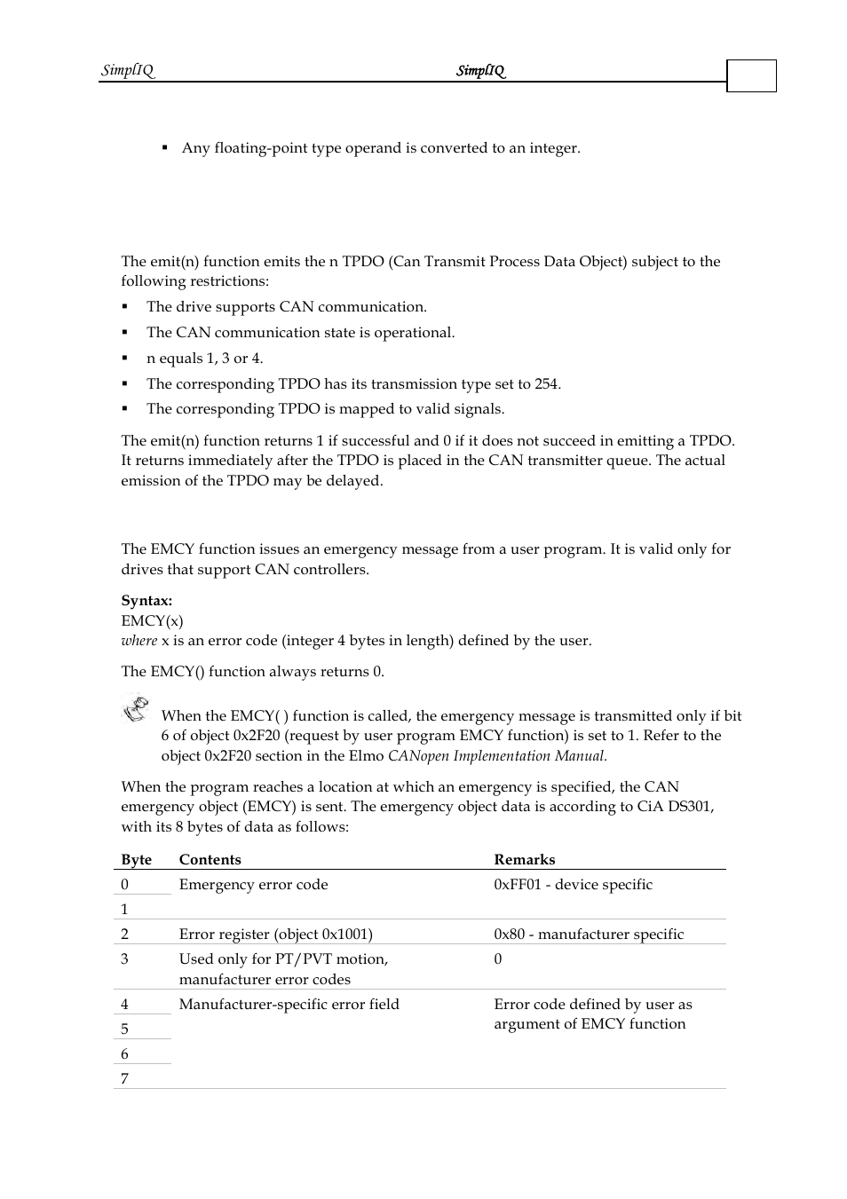 7 can object emission, 1 the emit function, 2 the emcy function | Can object emission -6 | ElmoMC SimplIQ Software Manual User Manual | Page 35 / 226