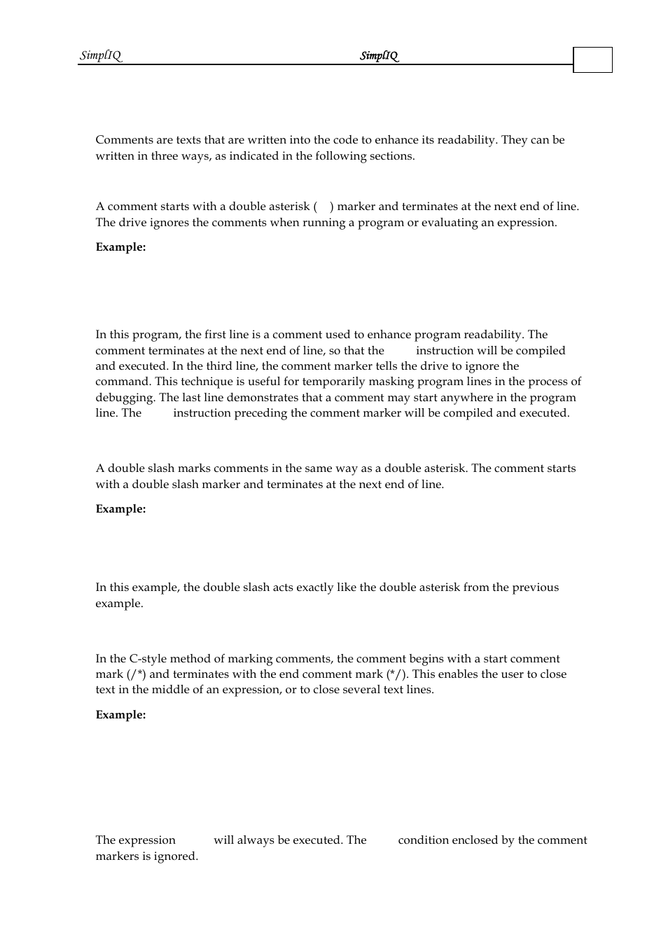 5 comments, 1 double asterisk, 2 double slash | 3 c-style start and end comment, 5 comments -11, Double asterisk -11, Double slash -11, C-style start and end comment -11 | ElmoMC SimplIQ Software Manual User Manual | Page 40 / 226