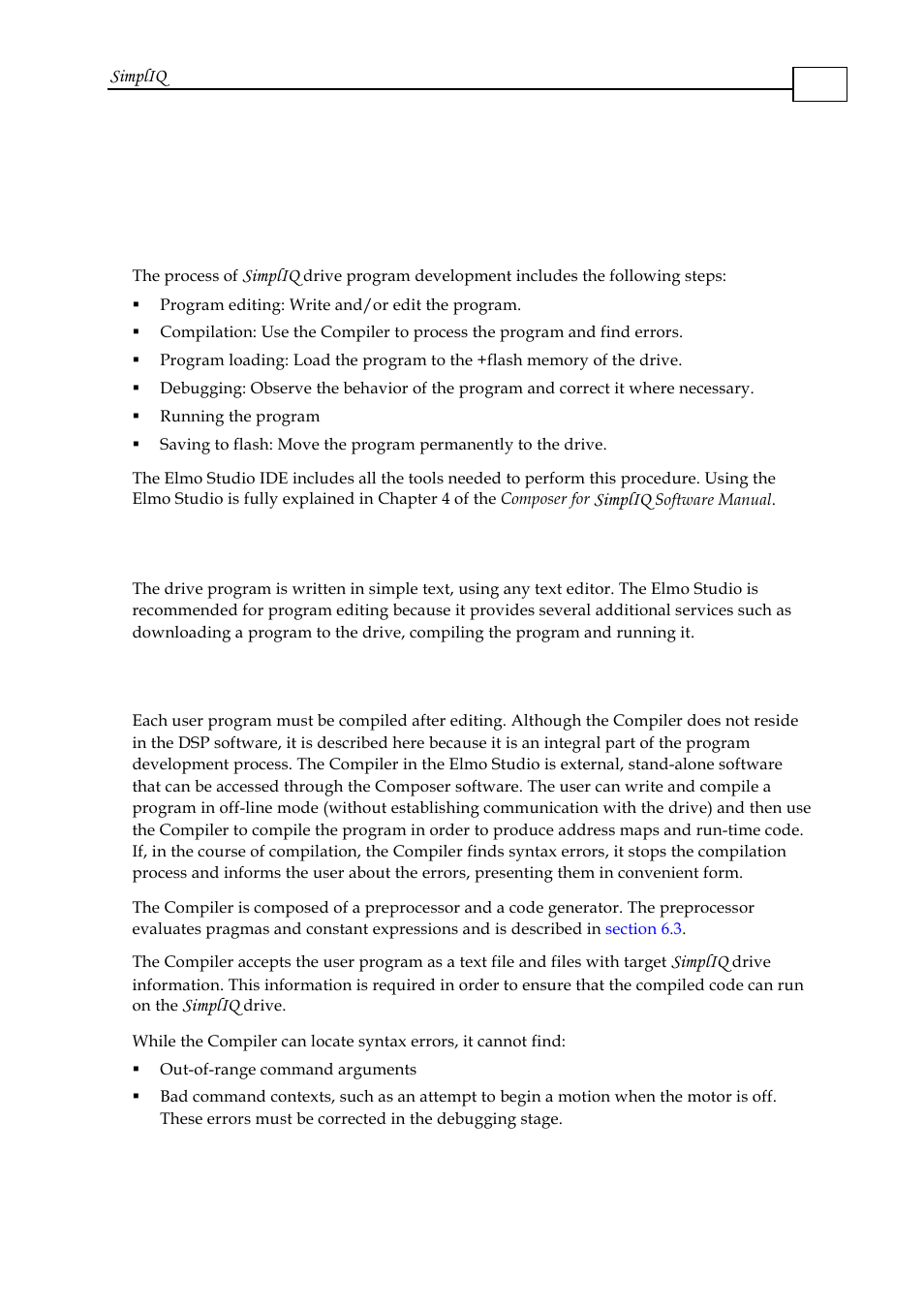 Chapter 6: program development and execution, 1 editing a program, 2 compilation | Chapter 6: program development and execution -1, 1 editing a program -1, 2 compilation -1, Chapter 6 | ElmoMC SimplIQ Software Manual User Manual | Page 63 / 226