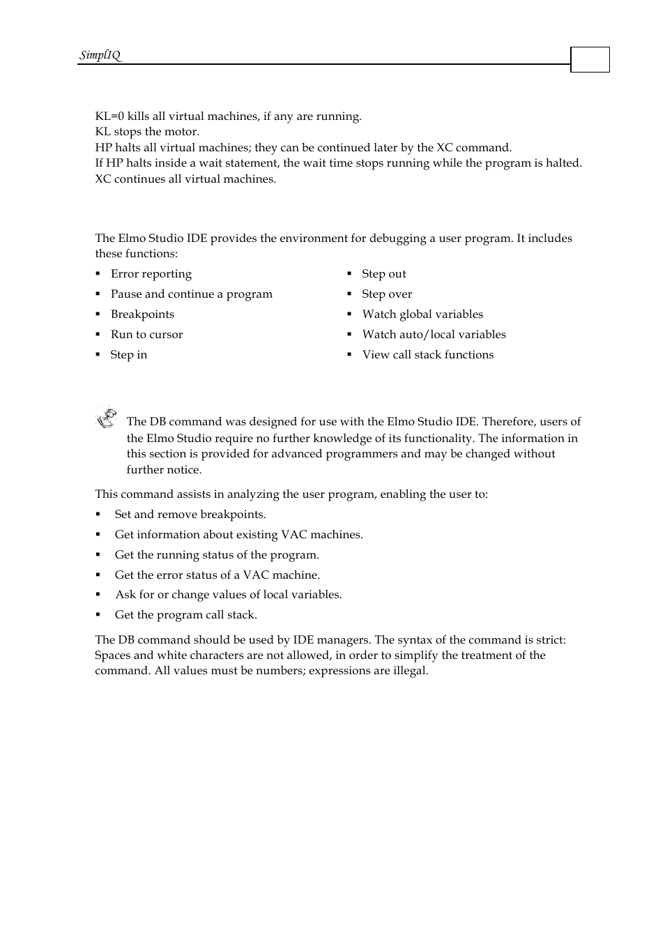 2 the elmo studio, 3 the db command, The elmo studio -27 | The db command -27 | ElmoMC SimplIQ Software Manual User Manual | Page 89 / 226