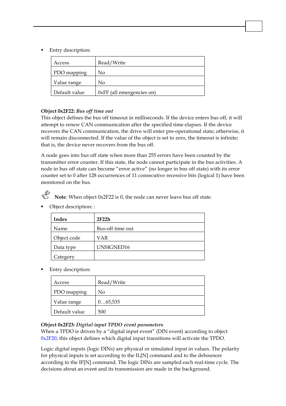 Object 0x2f22: bus off time out, Object 0x2f23: digital input tpdo event parameters, Object 0x2f22: bus off time out -29 | 0x2f30 | ElmoMC CANopen DS 301 Implementation Guide User Manual | Page 106 / 118