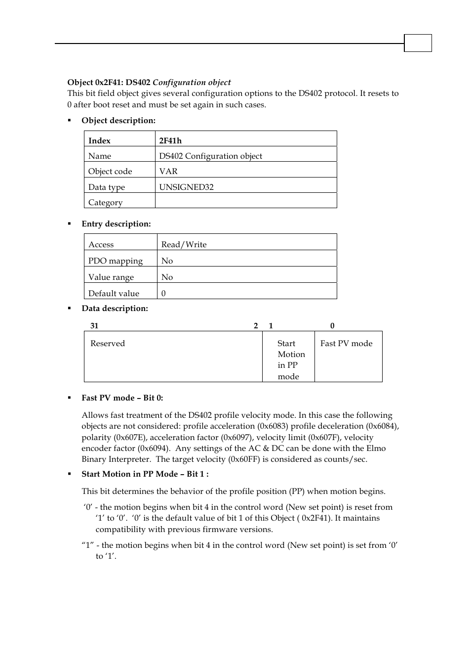 Object 0x2f41: ds402 configuration object, Object 0x2f41: ds402 configuration object -33 | ElmoMC CANopen DS 301 Implementation Guide User Manual | Page 110 / 118