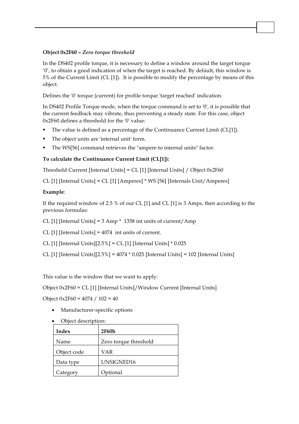 Object 0x2f60 – zero torque threshold, Object 0x2f60 – zero torque threshold -34 | ElmoMC CANopen DS 301 Implementation Guide User Manual | Page 111 / 118