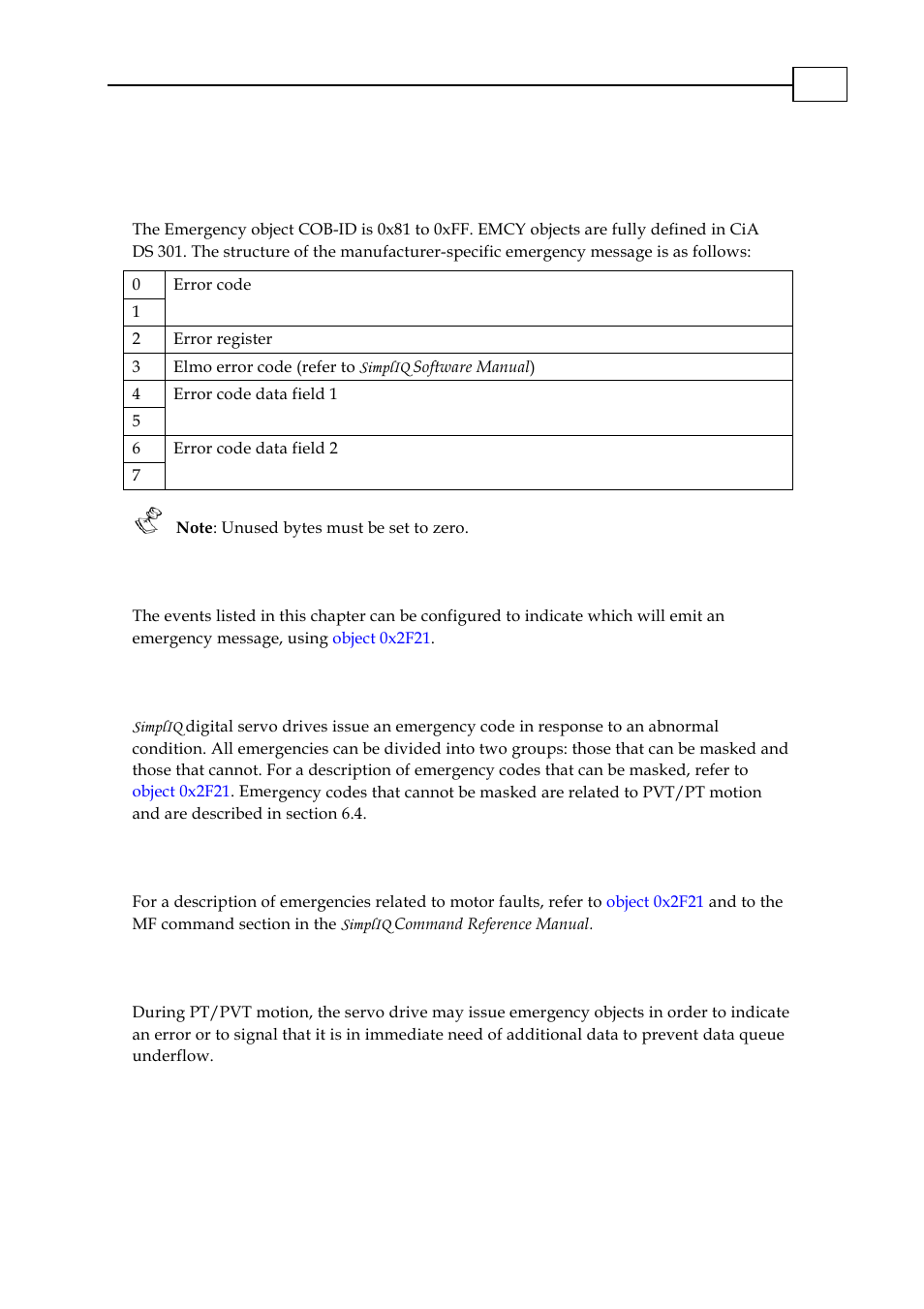 Chapter 6: emergency (emcy), 1 emergency configuration, 2 emergency codes related to failure | 3 emergency codes for motor faults, 4 emergency codes related to pvt/pt motion, Chapter 6: emergency (emcy) -1, Emergency configuration -1, Emergency codes related to failure -1, Emergency codes for motor faults -1, Emergency codes related to pvt/pt motion -1 | ElmoMC CANopen DS 301 Implementation Guide User Manual | Page 38 / 118