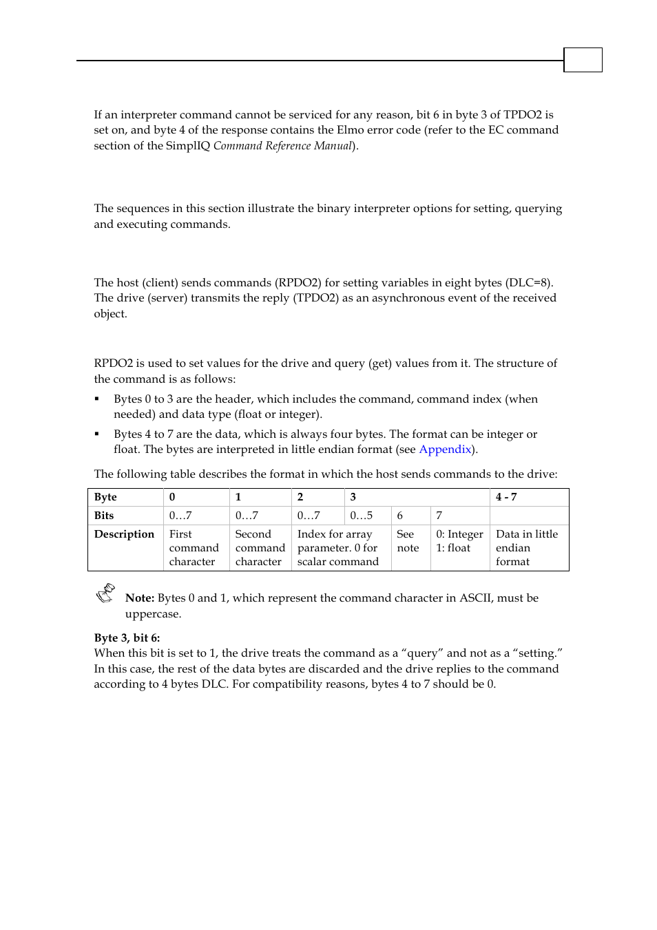 1 binary interpreter commands and results, 1 set and query commands, 1 rpdo2 structure | Binary interpreter commands and results -2, Set and query commands -2, Rpdo2 structure -2 | ElmoMC CANopen DS 301 Implementation Guide User Manual | Page 44 / 118