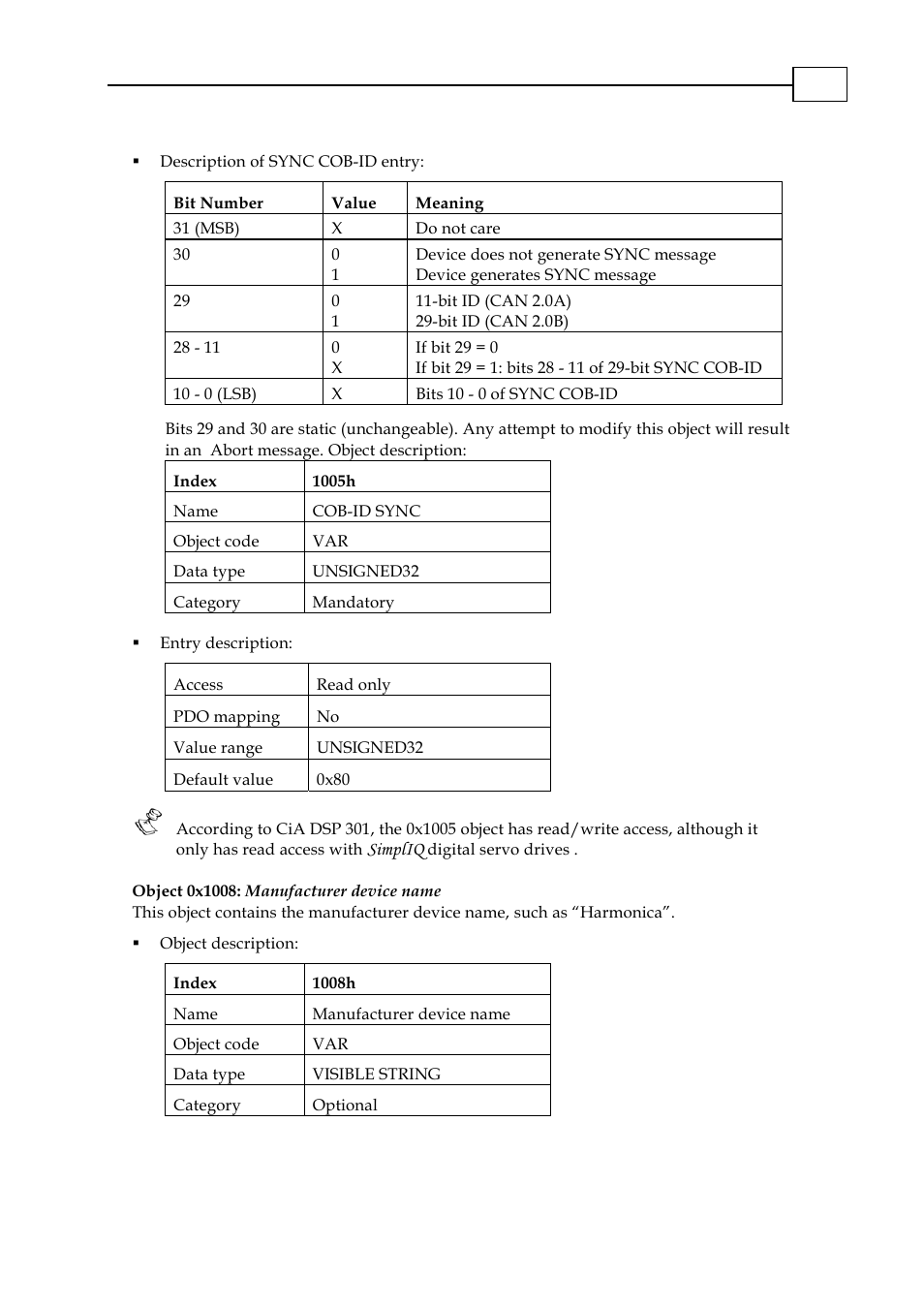Object 0x1008: manufacturer device name, Object 0x1008: manufacturer device name -5, 0x1008 | 0x1009 | ElmoMC CANopen DS 301 Implementation Guide User Manual | Page 56 / 118