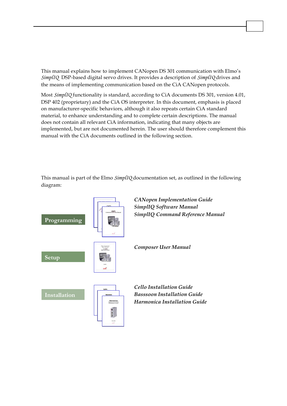 Chapter 1: introduction, 1 relevant documentation, 1 elmo documentation | Relevant documentation -1, Elmo documentation -1 | ElmoMC CANopen DS 301 Implementation Guide User Manual | Page 6 / 118