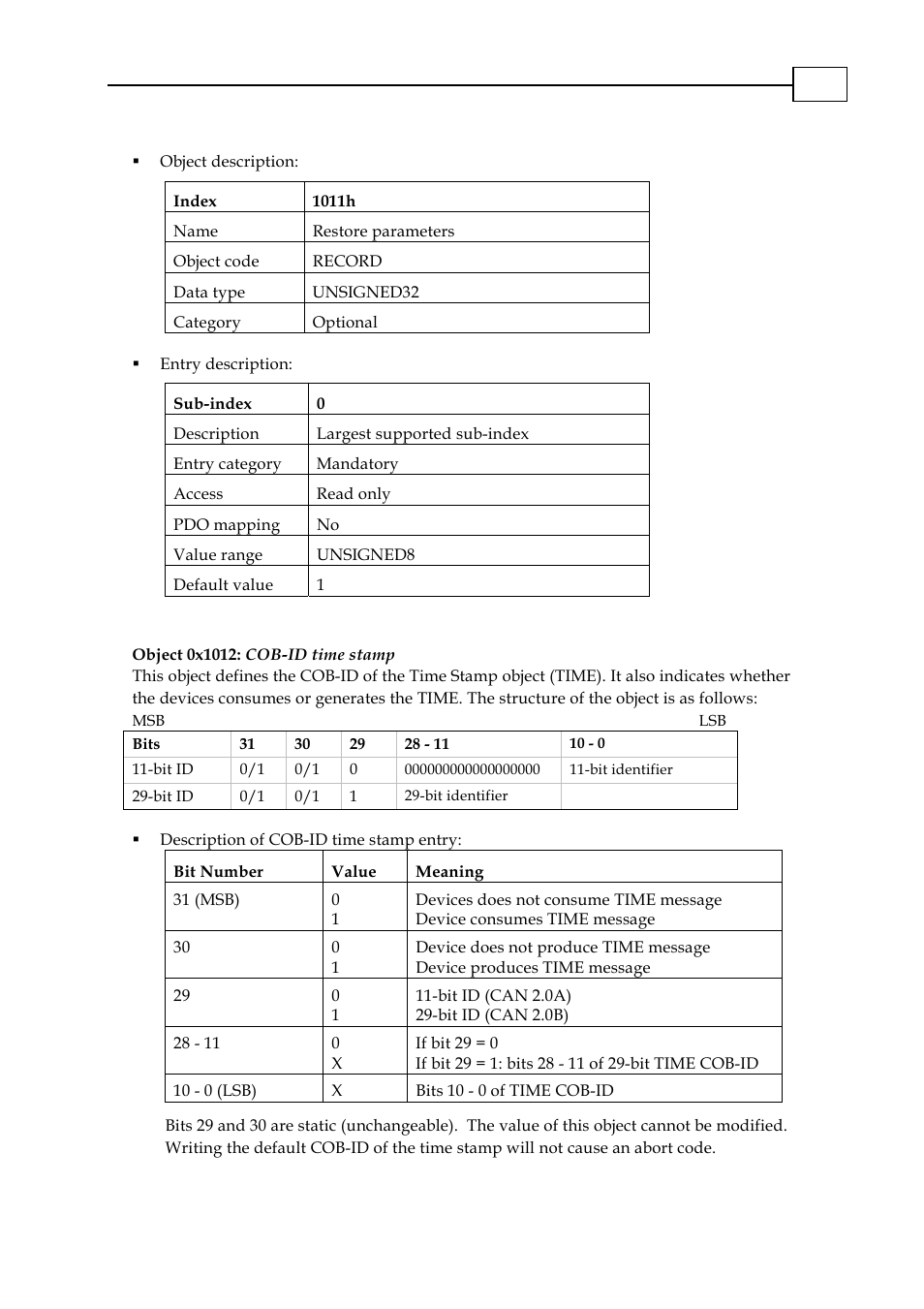 Object 0x1012: cob-id time stamp, Object 0x1012: cob-id time stamp -9 | ElmoMC CANopen DS 301 Implementation Guide User Manual | Page 60 / 118