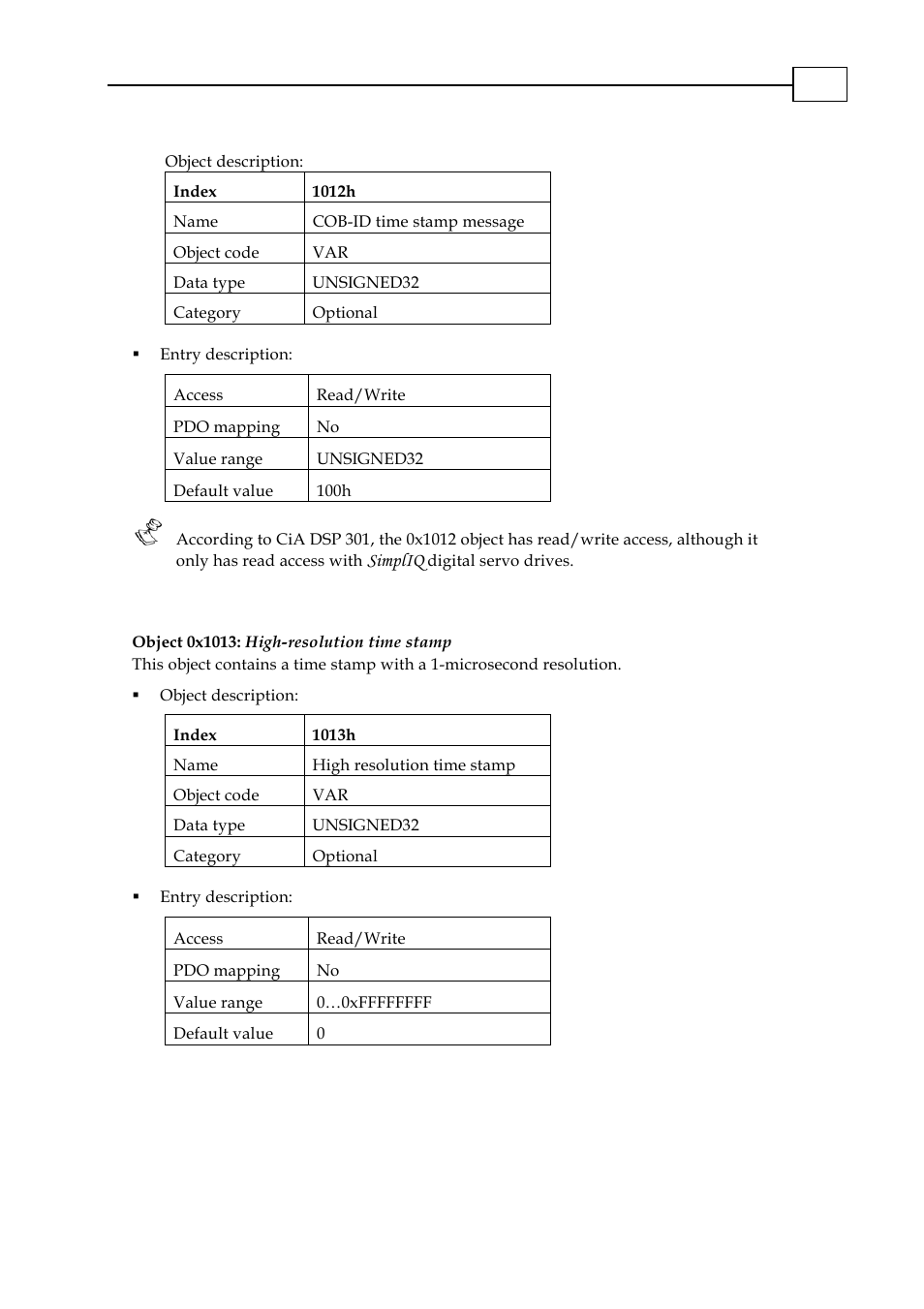 Object 0x1013: high-resolution time stamp, Object 0x1013: high-resolution time stamp -10, 0x1013 | 0x1014, Simpliq | ElmoMC CANopen DS 301 Implementation Guide User Manual | Page 61 / 118