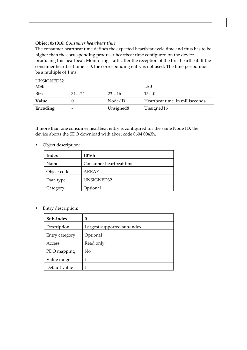 Object 0x1016: consumer heartbeat time, Object 0x1016: consumer heartbeat time -12 | ElmoMC CANopen DS 301 Implementation Guide User Manual | Page 63 / 118