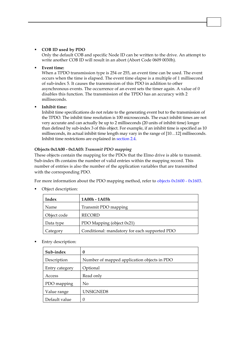 Objects 0x1a00 - 0x1a03: transmit pdo mapping, Objects 0x1a00 - 0x1a03: transmit pdo mapping -25 | ElmoMC CANopen DS 301 Implementation Guide User Manual | Page 76 / 118