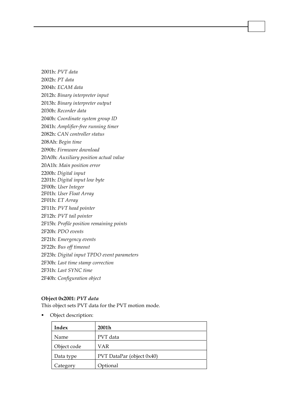 Chapter 13: manufacturer-specific objects, Object 0x2001: pvt data, Chapter 13: manufacturer-specific objects -1 | Object 0x2001: pvt data -1, 0x2001 | ElmoMC CANopen DS 301 Implementation Guide User Manual | Page 78 / 118