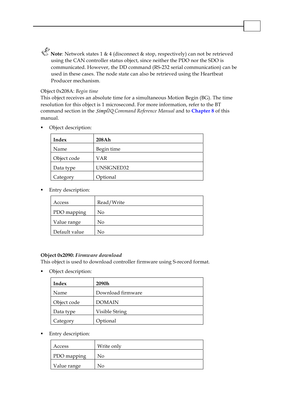 Object 0x2090: firmware download, Object 0x208a: begin time -13, Object 0x2090: firmware download -13 | 0x208a, 0x2090, Simpliq | ElmoMC CANopen DS 301 Implementation Guide User Manual | Page 90 / 118