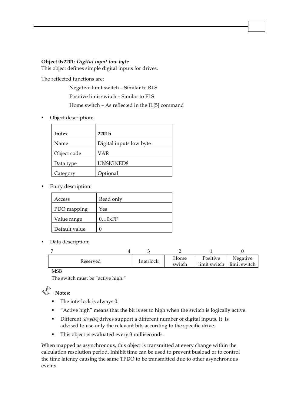 Object 0x2201: digital input low byte, Object 0x2201: digital input low byte -16 | ElmoMC CANopen DS 301 Implementation Guide User Manual | Page 93 / 118