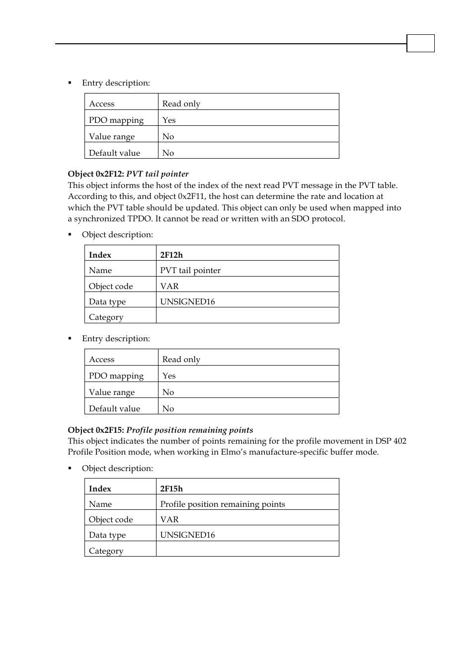 Object 0x2f12: pvt tail pointer, Object 0x2f15: profile position remaining points, Object 0x2f12: pvt tail pointer -21 | 0x2f12, 0x2f20 | ElmoMC CANopen DS 301 Implementation Guide User Manual | Page 98 / 118
