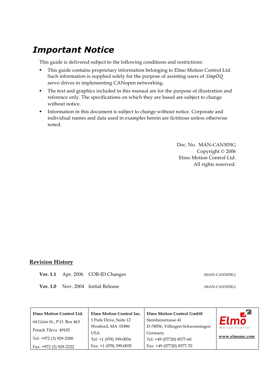 Important notice | ElmoMC CANopen DSP 305 Implementation Guide User Manual | Page 2 / 20