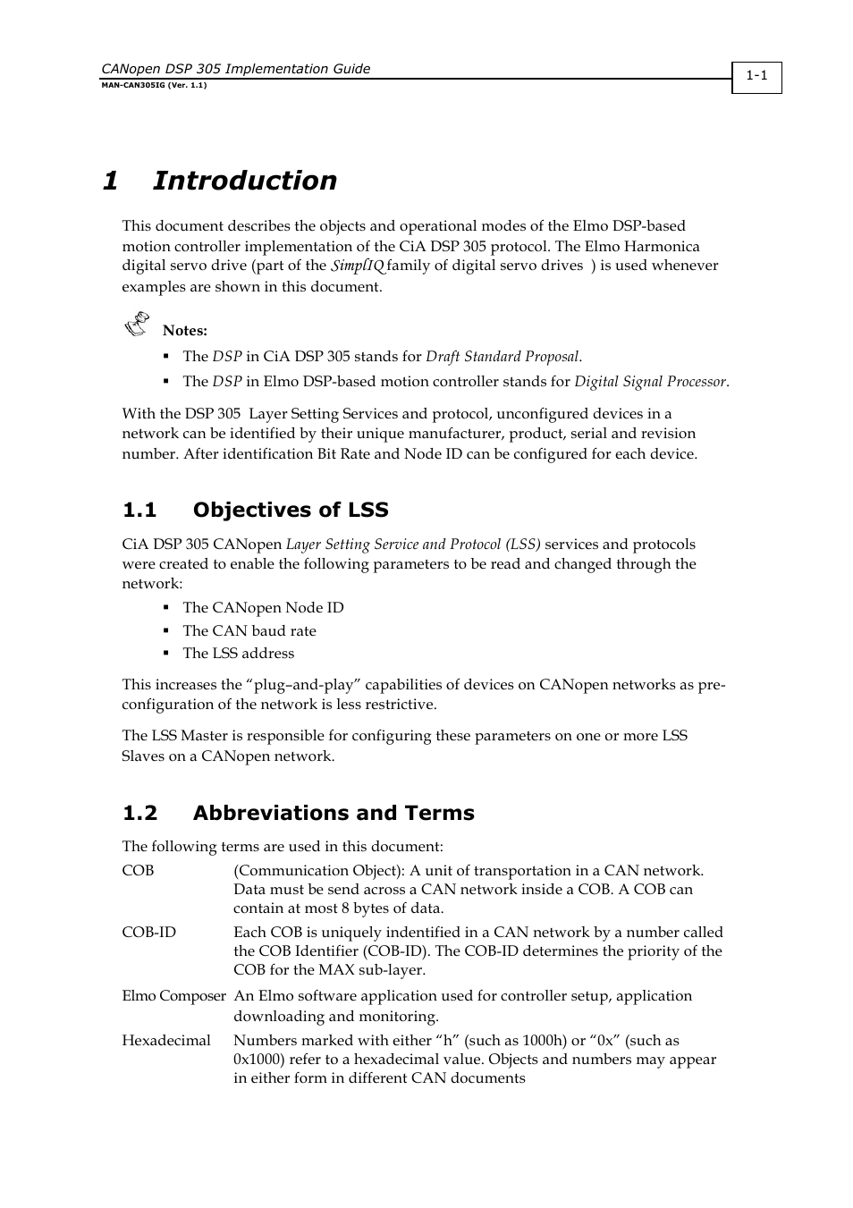 1 introduction, 1 objectives of lss, 2 abbreviations and terms | ElmoMC CANopen DSP 305 Implementation Guide User Manual | Page 4 / 20