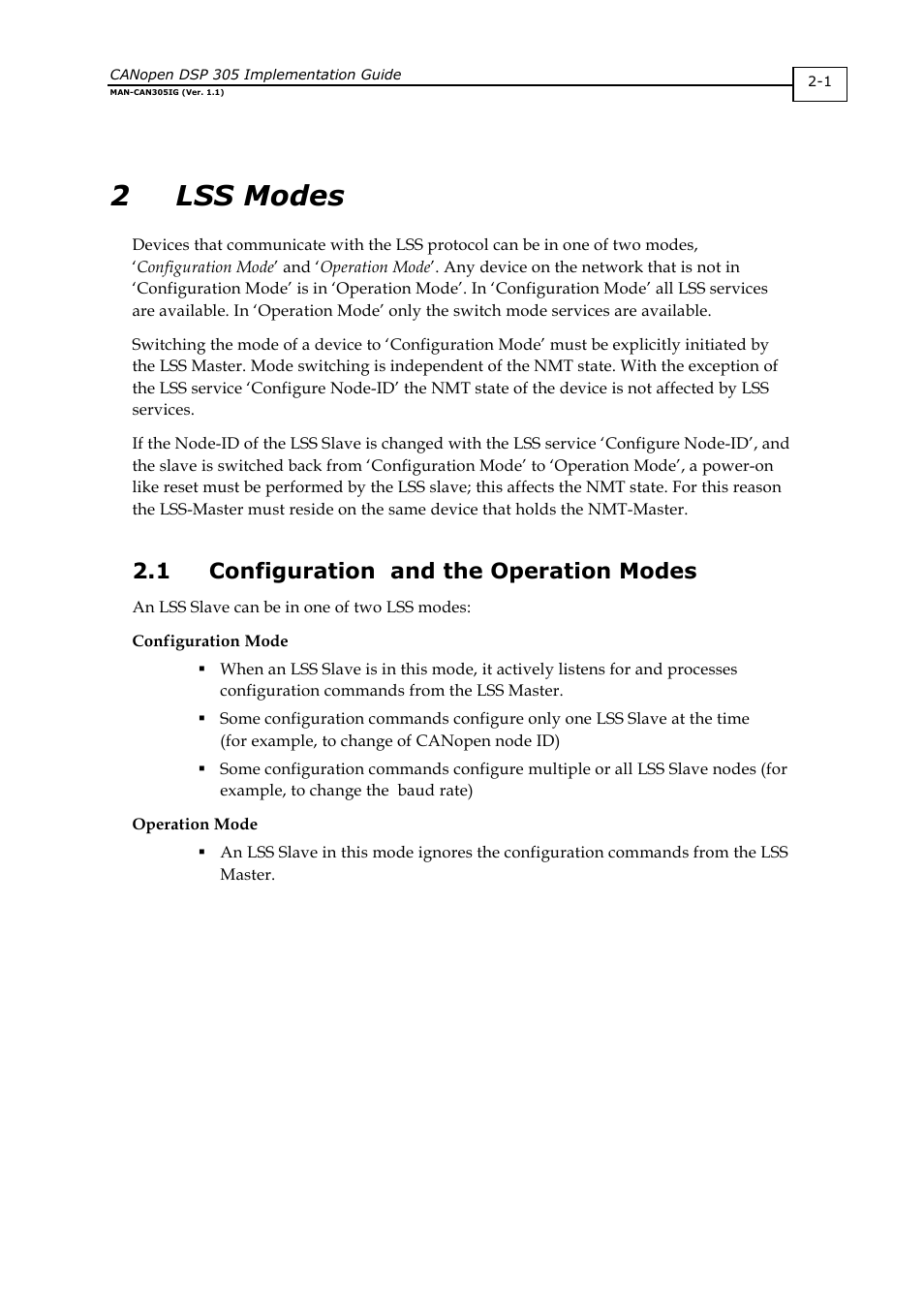 2 lss modes, 1 configuration and the operation modes | ElmoMC CANopen DSP 305 Implementation Guide User Manual | Page 7 / 20