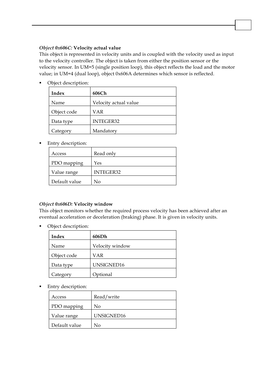 Object 0x606c: velocity actual value, Object 0x606d: velocity window | ElmoMC CANopen DSP 402 Implementation Guide User Manual | Page 104 / 116