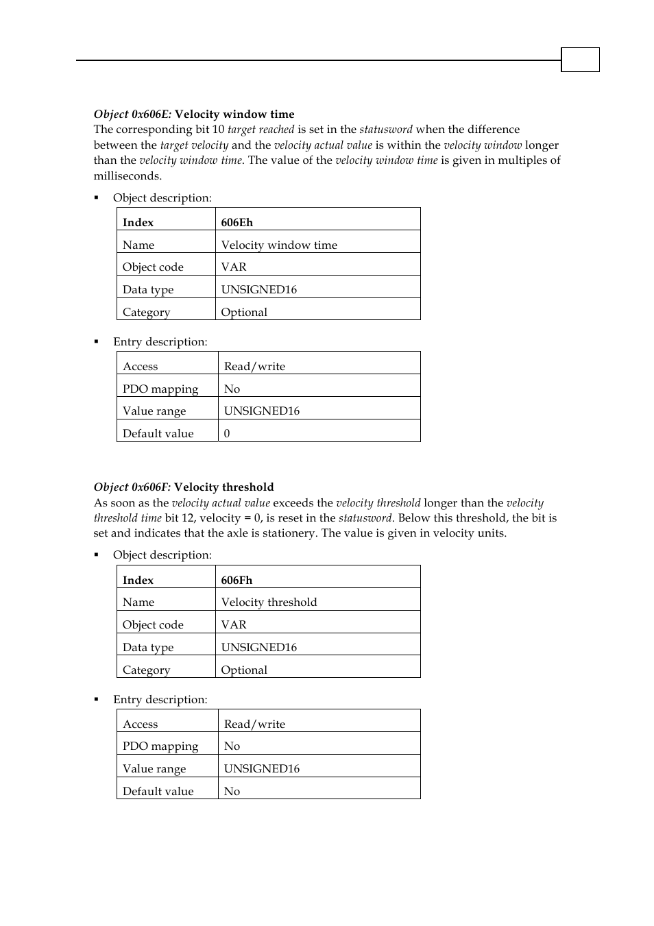 Object 0x606e: velocity window time, Object 0x606f: velocity threshold | ElmoMC CANopen DSP 402 Implementation Guide User Manual | Page 105 / 116