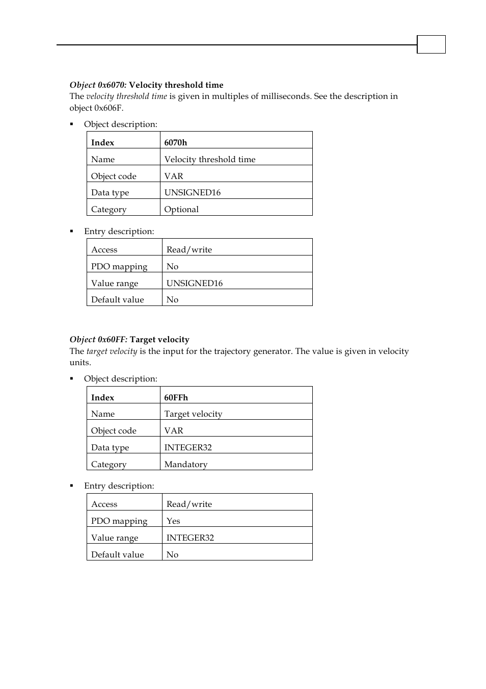 Object 0x6070: velocity threshold time, Object 0x60ff: target velocity | ElmoMC CANopen DSP 402 Implementation Guide User Manual | Page 106 / 116