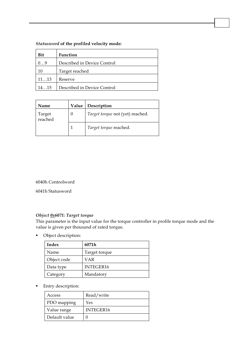 Objects dictionary entries, Objects defined in other chapters, Objects description | Object 0x6071: target torque, 6071h: target torque, 2 objects dictionary entries, 1 objects defined in other chapters, 2 objects description | ElmoMC CANopen DSP 402 Implementation Guide User Manual | Page 109 / 116