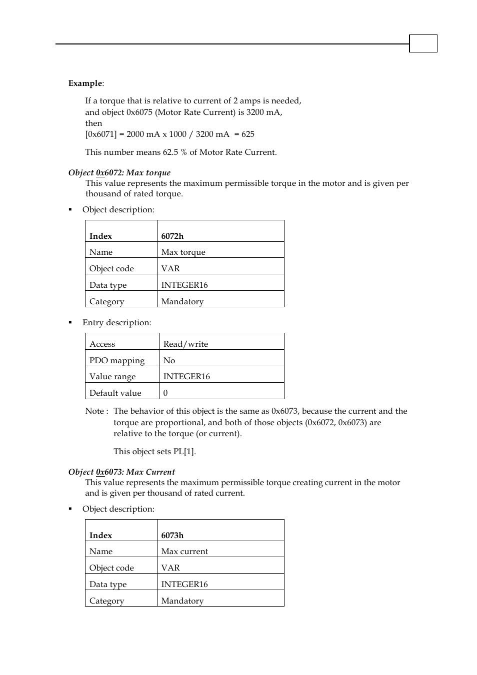 Object 0x6072: max torque, Object 0x6073: max current, 6072h: max torque | 6073h: max current | ElmoMC CANopen DSP 402 Implementation Guide User Manual | Page 110 / 116