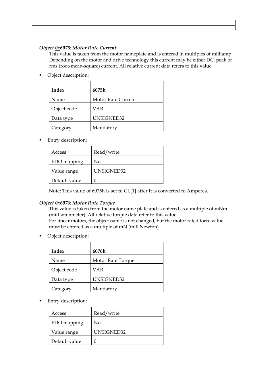 Object 0x6075: motor rate current, Object 0x6076: motor rate torque, 6076h: motor rated torque | ElmoMC CANopen DSP 402 Implementation Guide User Manual | Page 112 / 116
