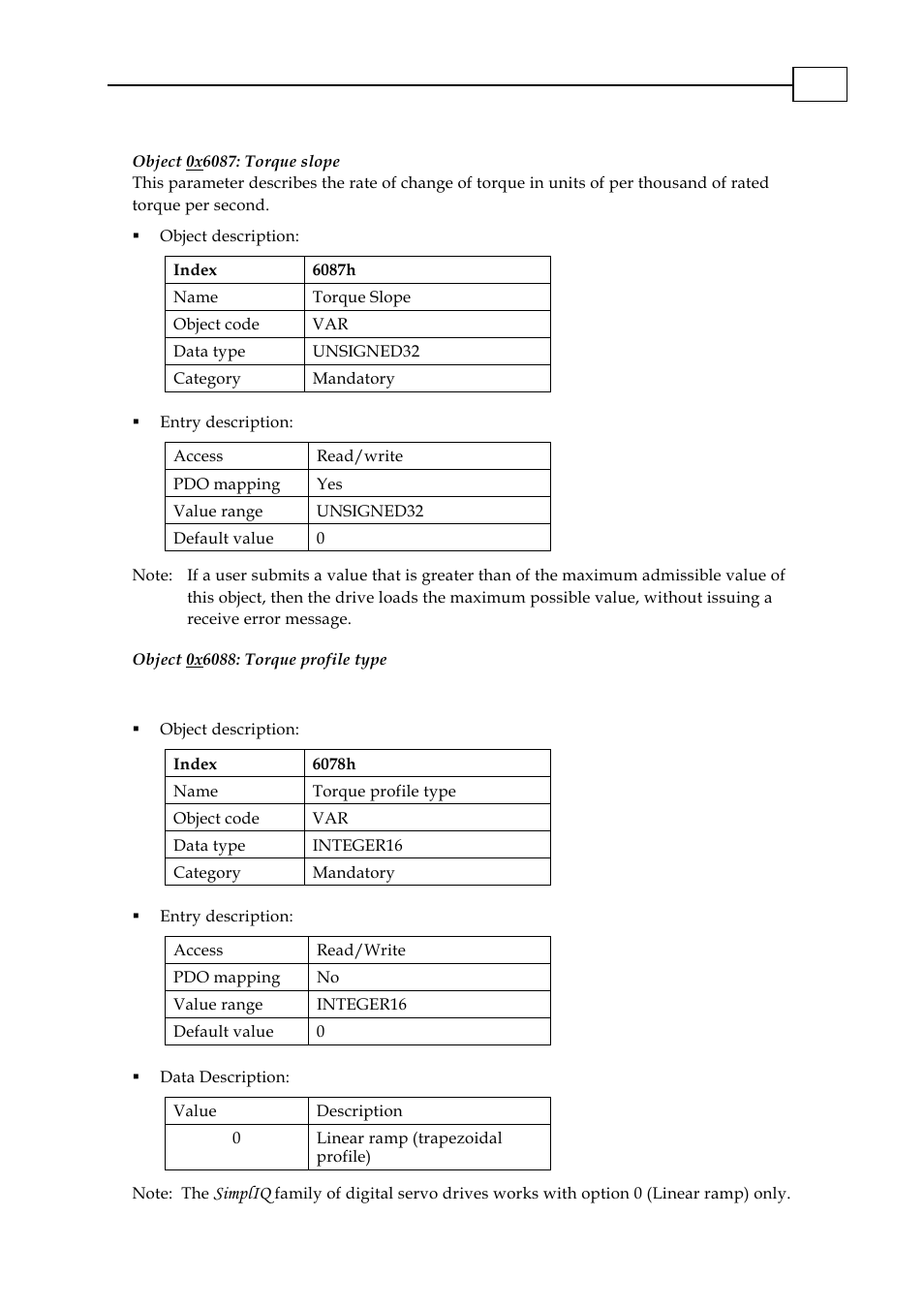 Object 0x6087: torque slope, Object 0x6088: torque profile type, 6087h: torque slope | 6088h: torque profile type, Simpliq | ElmoMC CANopen DSP 402 Implementation Guide User Manual | Page 114 / 116