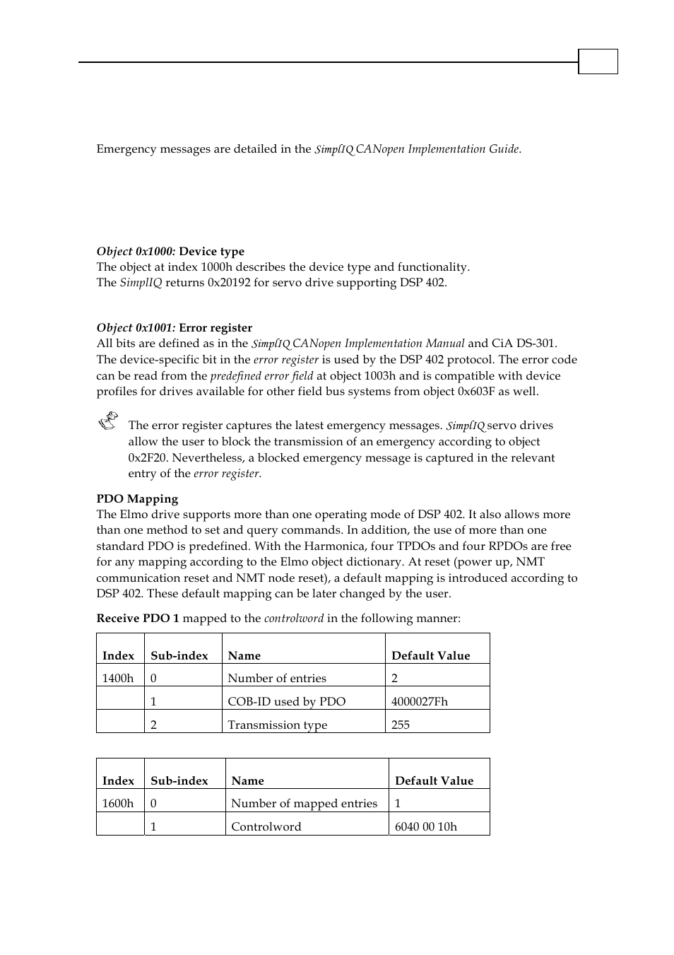 Emergencies, Predefinition, Object 0x1000: device type | Object 0x1001: error register | ElmoMC CANopen DSP 402 Implementation Guide User Manual | Page 15 / 116