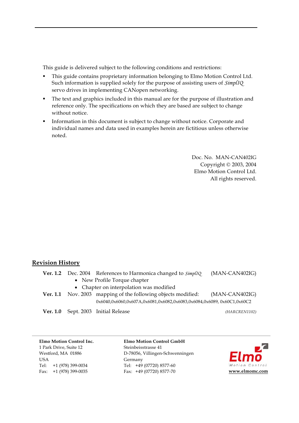Revision history, Important notice, Simpliq | ElmoMC CANopen DSP 402 Implementation Guide User Manual | Page 2 / 116