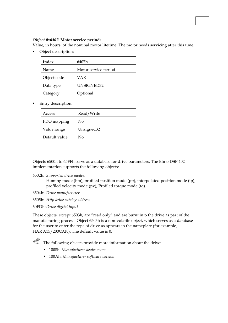 Object 0x6407: motor service periods, Drive data, 3 drive data | ElmoMC CANopen DSP 402 Implementation Guide User Manual | Page 22 / 116