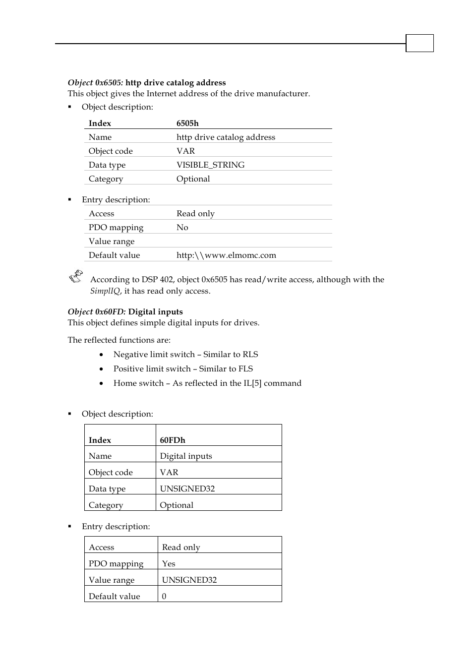 Object 0x6505: http drive catalog address, Object 0x60fd: digital inputs | ElmoMC CANopen DSP 402 Implementation Guide User Manual | Page 24 / 116