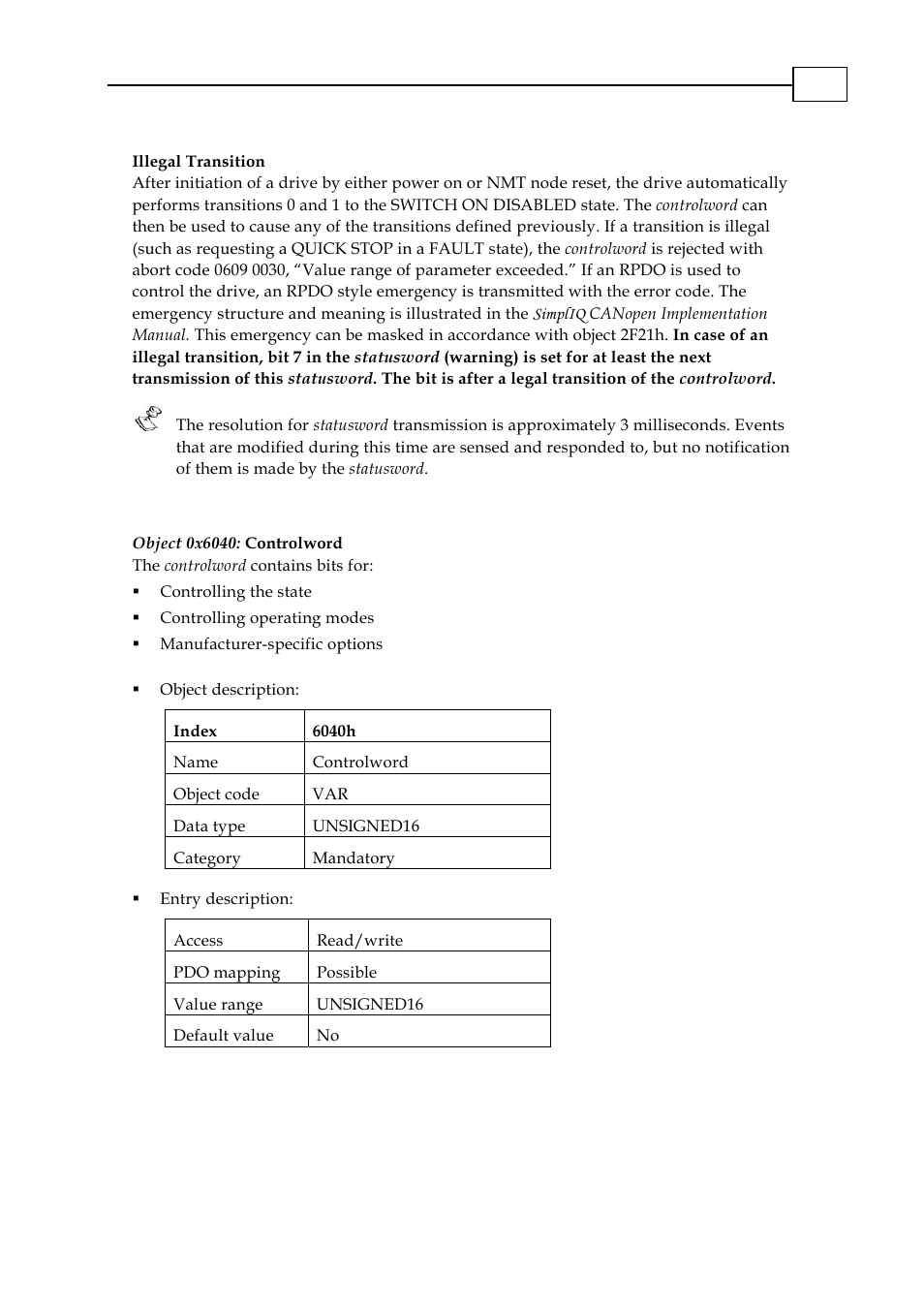 Object 0x6040: controlword | ElmoMC CANopen DSP 402 Implementation Guide User Manual | Page 32 / 116