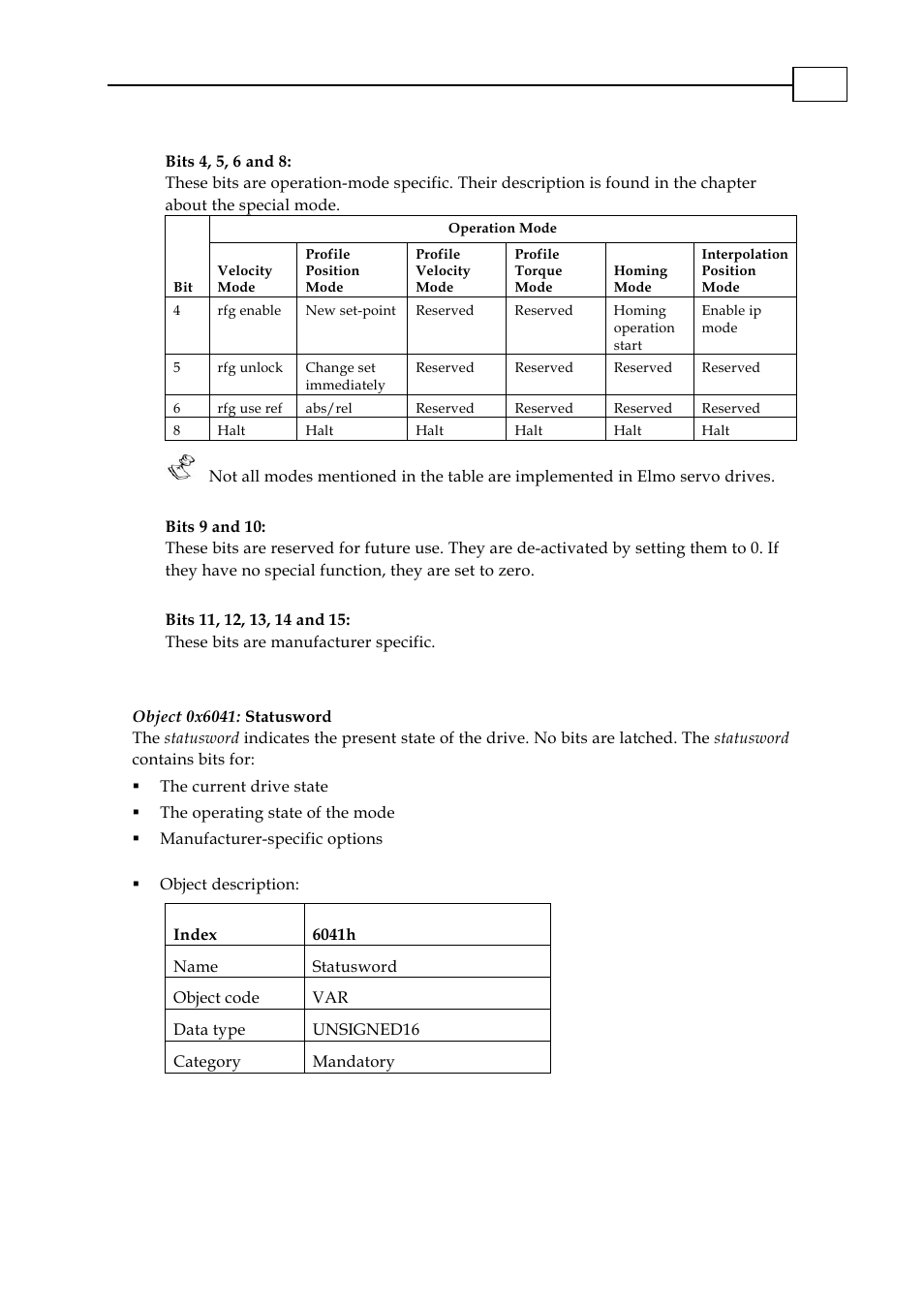 Object 0x6041: statusword | ElmoMC CANopen DSP 402 Implementation Guide User Manual | Page 34 / 116