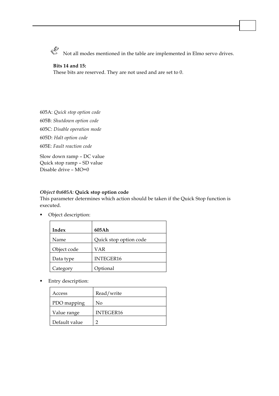 Halt, stop and fault objects, Object 0x605a: quick stop option code, And fault objects | 2 halt, stop | ElmoMC CANopen DSP 402 Implementation Guide User Manual | Page 37 / 116
