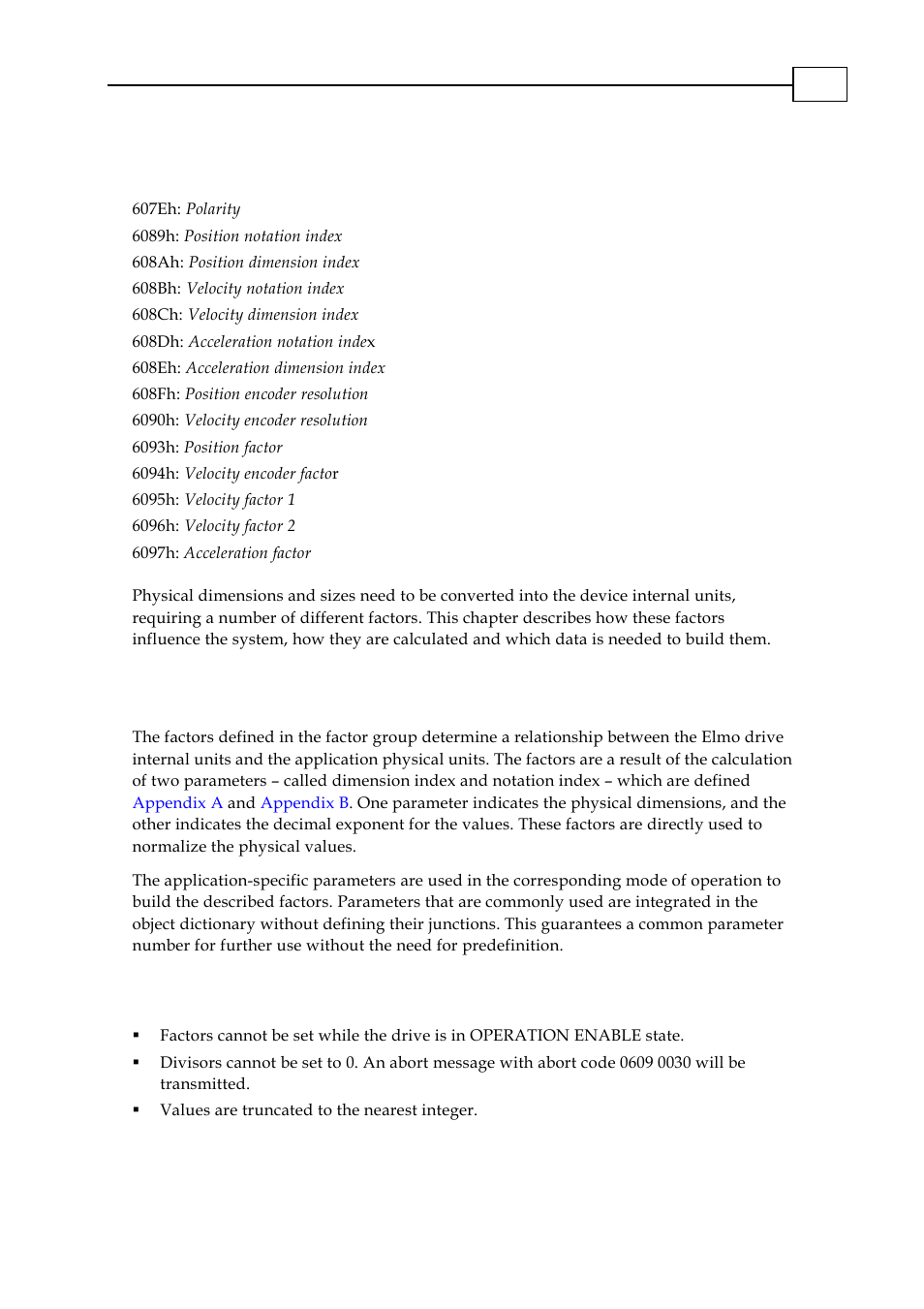 Factors, Relationship between physical and internal units, Functions and limits | 1 relationship between physical and internal units, 2 functions and limits | ElmoMC CANopen DSP 402 Implementation Guide User Manual | Page 44 / 116