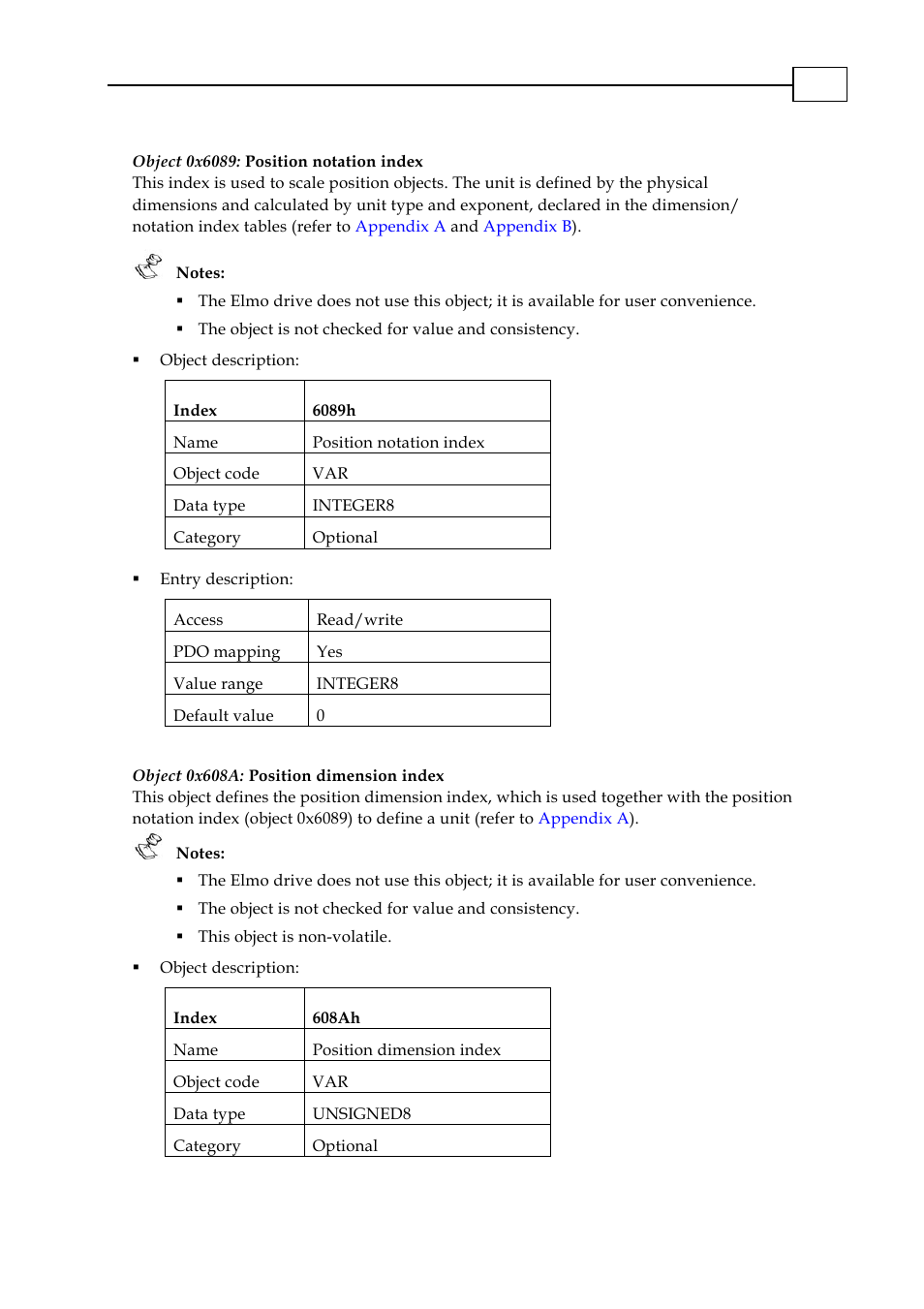 Object 0x6089: position notation index, Object 0x608a: position dimension index | ElmoMC CANopen DSP 402 Implementation Guide User Manual | Page 46 / 116