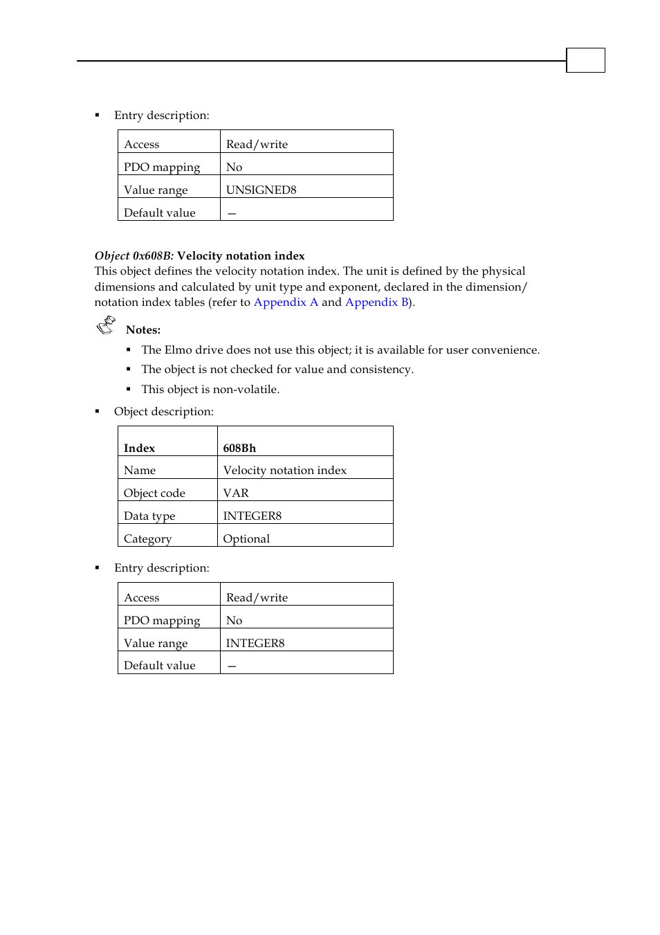 Object 0x608b: velocity notation index | ElmoMC CANopen DSP 402 Implementation Guide User Manual | Page 47 / 116