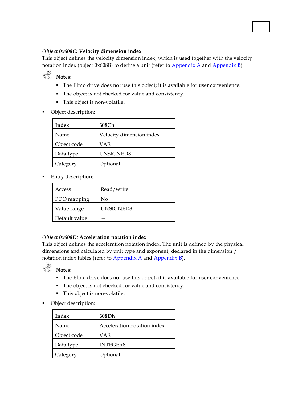 Object 0x608c: velocity dimension index, Object 0x608d: acceleration notation index | ElmoMC CANopen DSP 402 Implementation Guide User Manual | Page 48 / 116